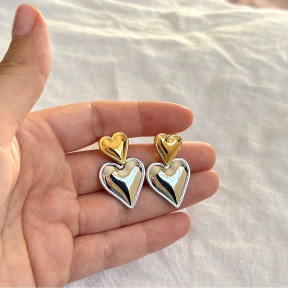 Puffed Double Hearts Gold/Silver Valentine's Earrings OS - Picture 5 of 8